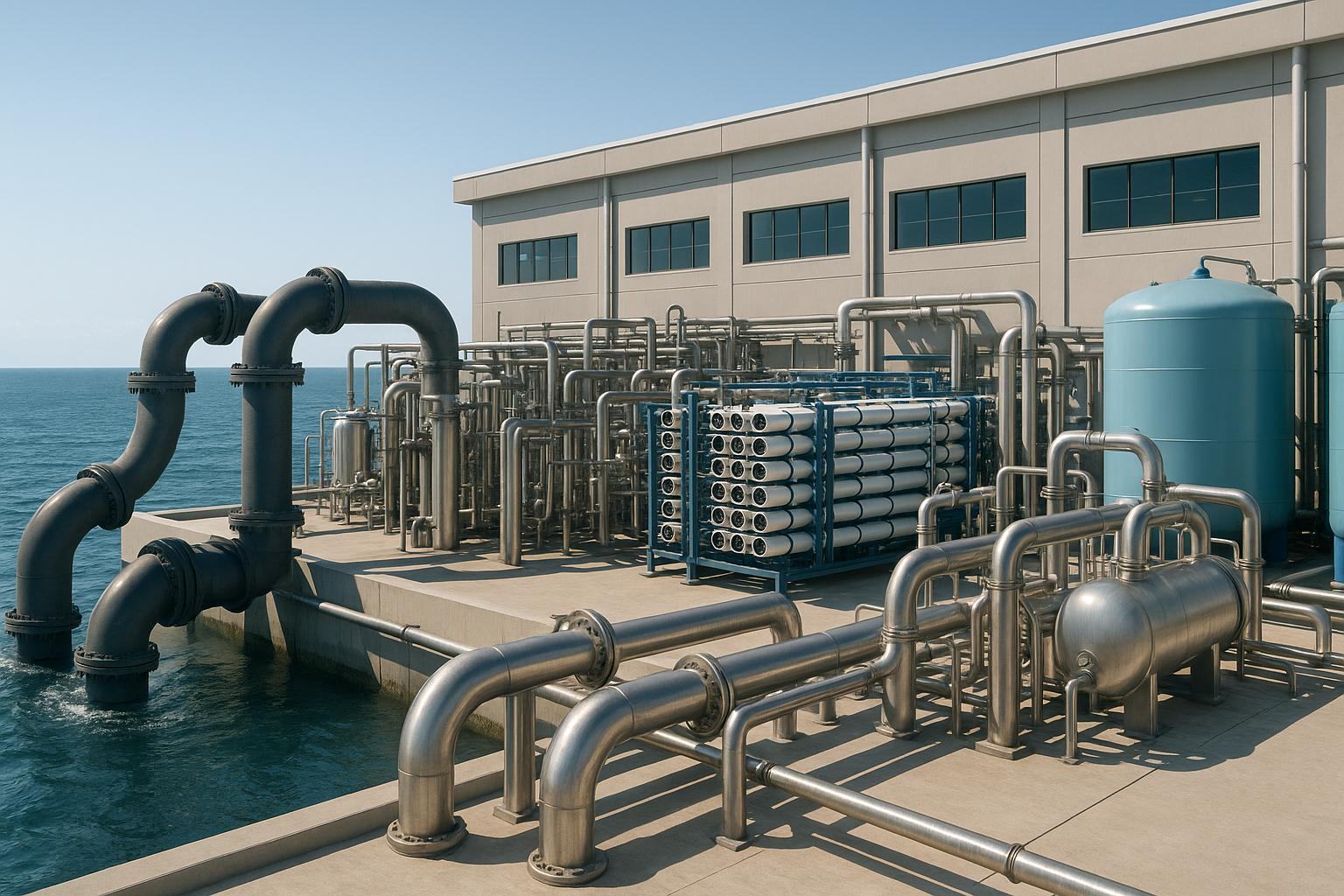 Seawater desalination plant with RO membrane racks and intake pipework