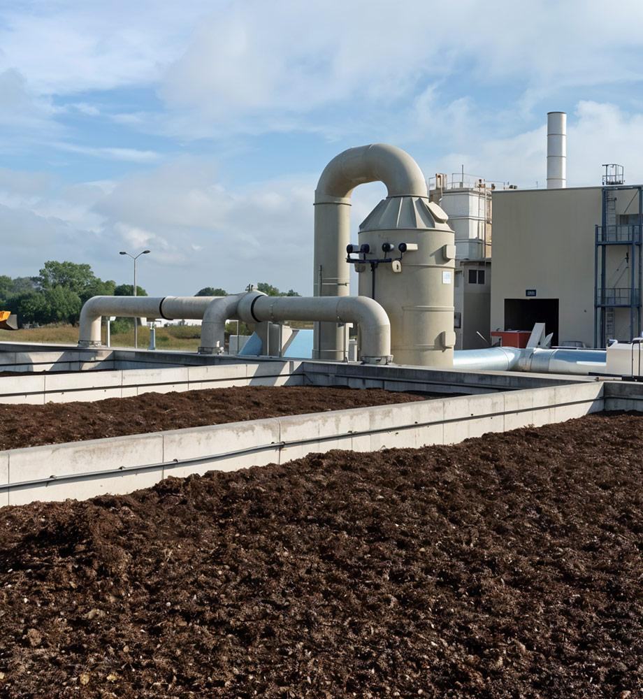 Chemical scrubber tower and ducting over biofilter beds at an odour control installation